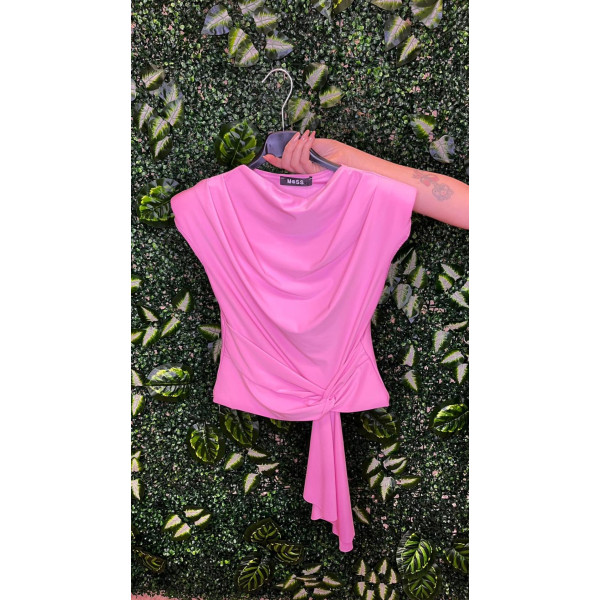 Top Strutturato Rosa Confetto con Spalline Imbottite e Nodo Scultoreo
