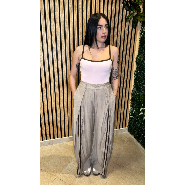 Pantalone Palazzo Fluido con Pannelli Sovrapposti e Bande Laterali – Grigio Perla (Taglia Unica)