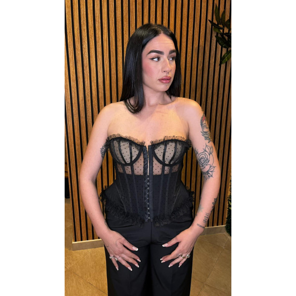 Corsetto Bustier a Cuore in Tulle Plumetis e Stecche  Nero