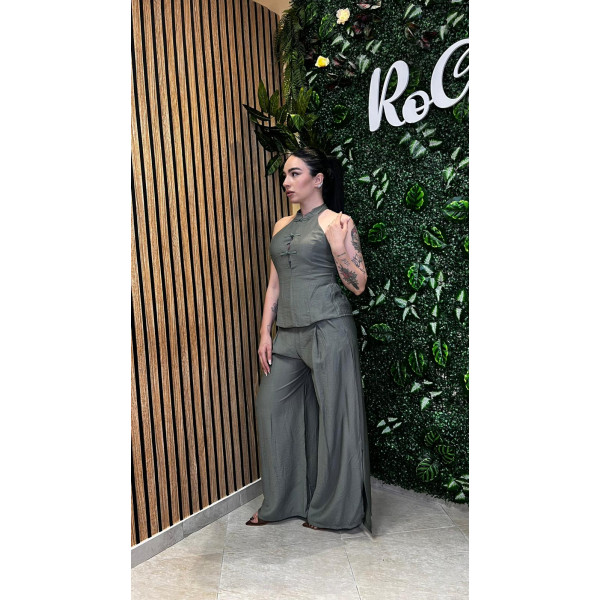 Completo Coordinato Verde Oliva in Stile Orientale - Top Halter e Pantaloni Palazzo