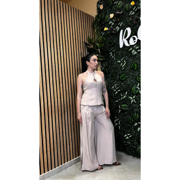 Completo Coordinato Beige Sabbia in Stile Orientale - Top Halter e Pantaloni Palazzo