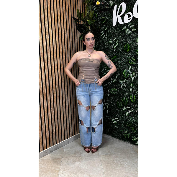 Jeans Wide Leg Lavaggio Chiaro con Cut-Out Geometrici