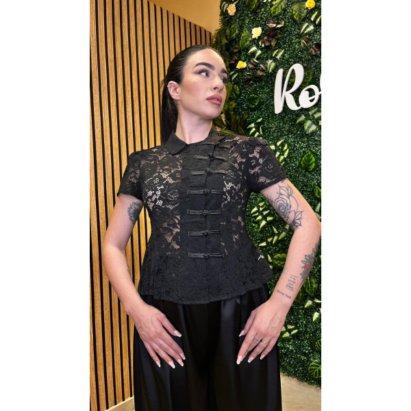 Camicia in Pizzo Nero Stile Orientale con Chiusura Frog