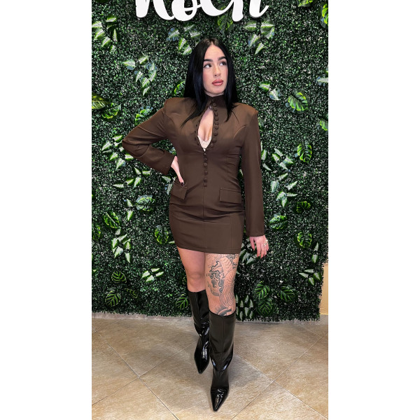 Abito Corto Donna Marrone Cioccolato - Vestito Strutturato con Bottoni Frontali, Spalline e Zip Posteriore