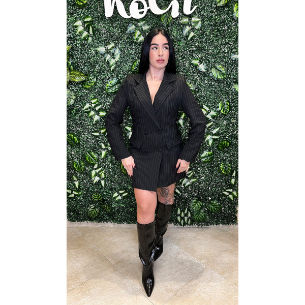 Abito Giacca Donna Gessato Nero - Blazer Doppio Petto Strutturato con Spalline e Micro-Righe Bianche