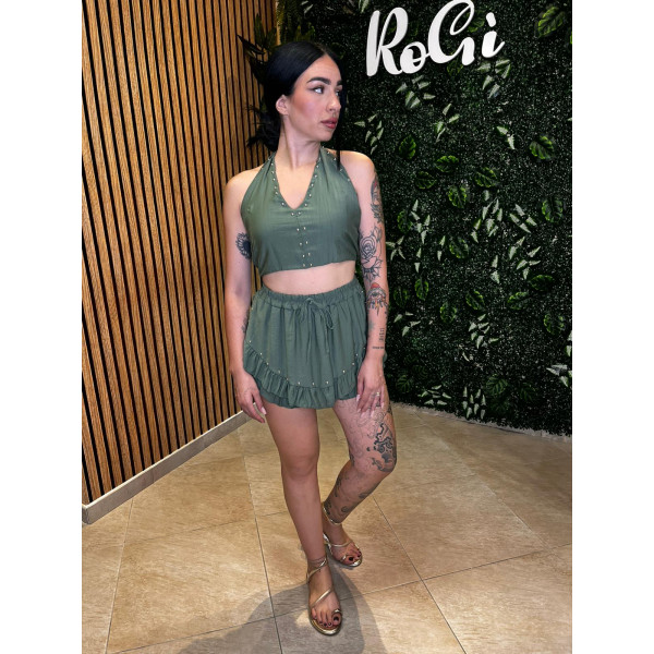 Coordinato Top Allacciato e Shorts con Borchie