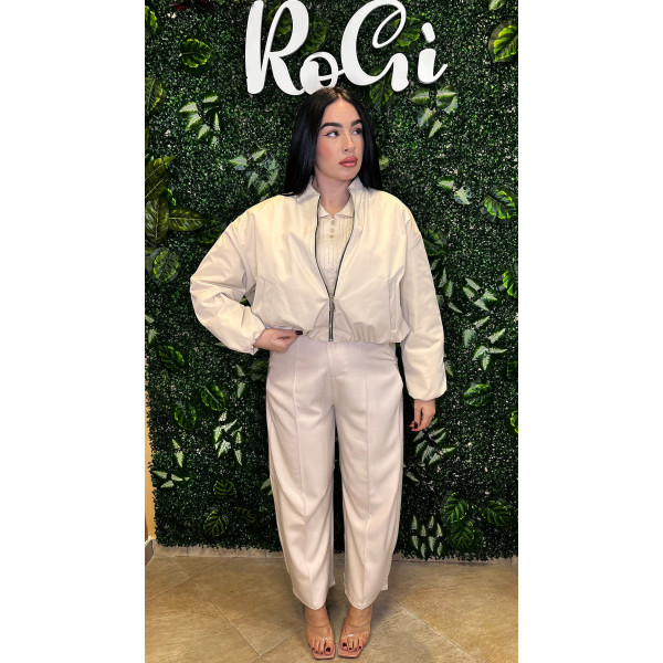 Bomber Donna Oversize in Tessuto Spalmato Beige Burro - Giubbotto Urban Chic.