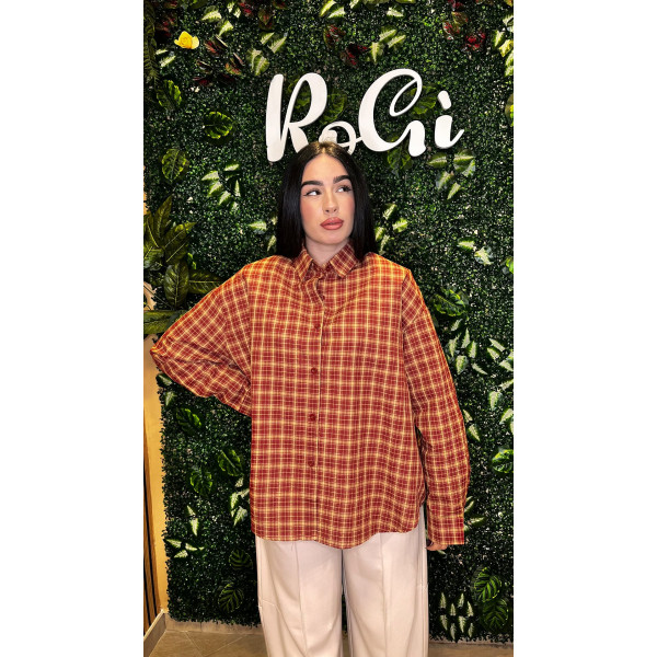 Camicia Donna in Cotone a Quadretti arancio e gialla - Camicia Oversize con Spalline Strutturate