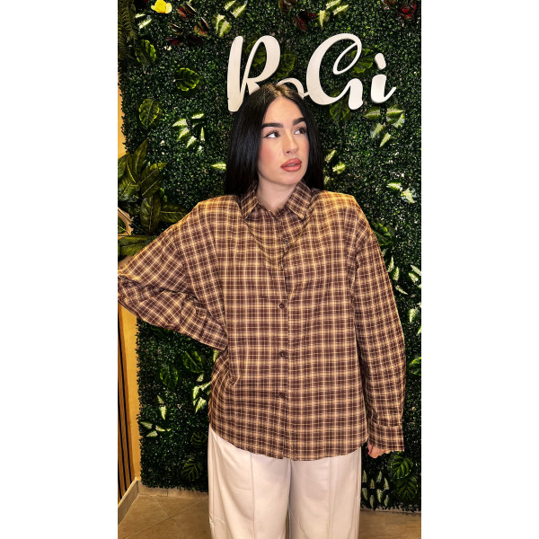 Camicia Donna in Cotone a Quadri Marrone e Beige - Camicia Oversize con Spalline Strutturate