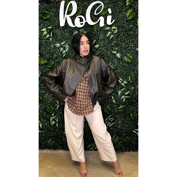 Giubbotto Biker Donna Ecopelle Marrone Cioccolato - Chiodo Oversize Taglia Unica con Collo Alto e Linea Grintosa