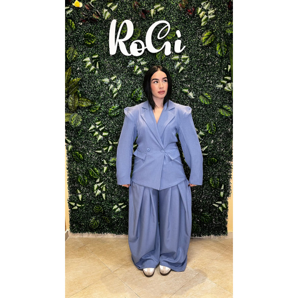 Completo Donna con Pantalone a Palloncino e Blazer - Set Coordinato Taglia Unica  Celeste Polvere