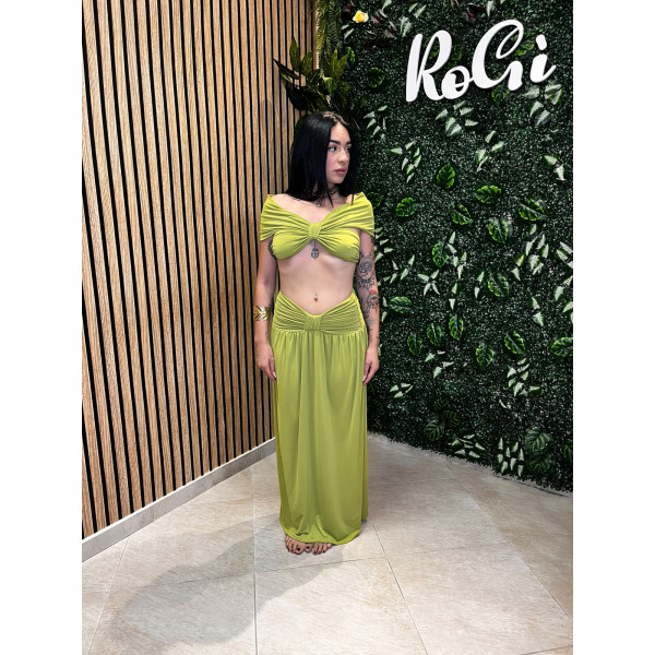 Coordinato Lungo con Top a Fascia e Nodo  Verde Oliva / Pistacchio