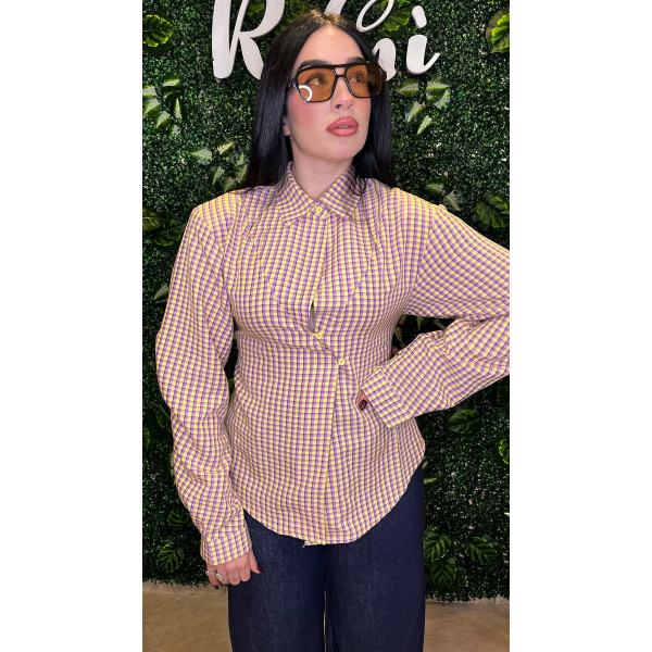 Camicia Donna Lilla a Quadretti con Spalline e Chiusura Asimmetrica - Camicia Sagomata Chic Vestibilità Slim