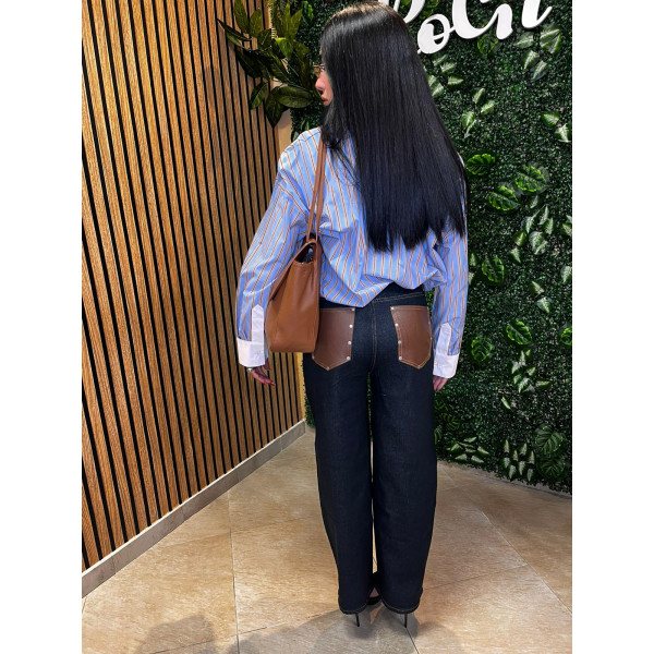 Jeans a Palazzo con Tasche Posteriori a Contrasto