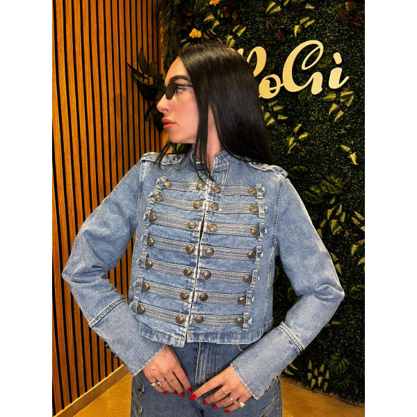Giacca Corta in Denim con Bottoni e Dettagli Militari