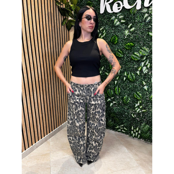 Jeans Balloon con Stampa Animalier - Grigio e Nero