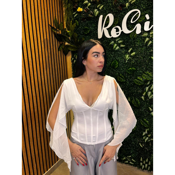 Top con Corsetto e Maniche Velate - Bianco