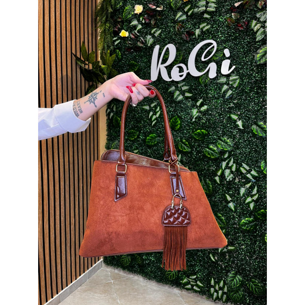 Borsa a Mano Trapezoidale con Effetto Scamosciato e Frange - Cuoio / Marrone Caldo