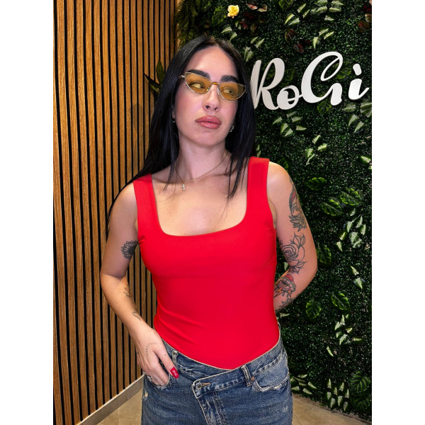 Body Smanicato con Scollo Quadrato - Rosso