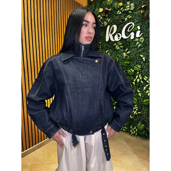 Giacca in Denim con Collo Alto e Bottoni - Blu Scuro / Denim Scuro