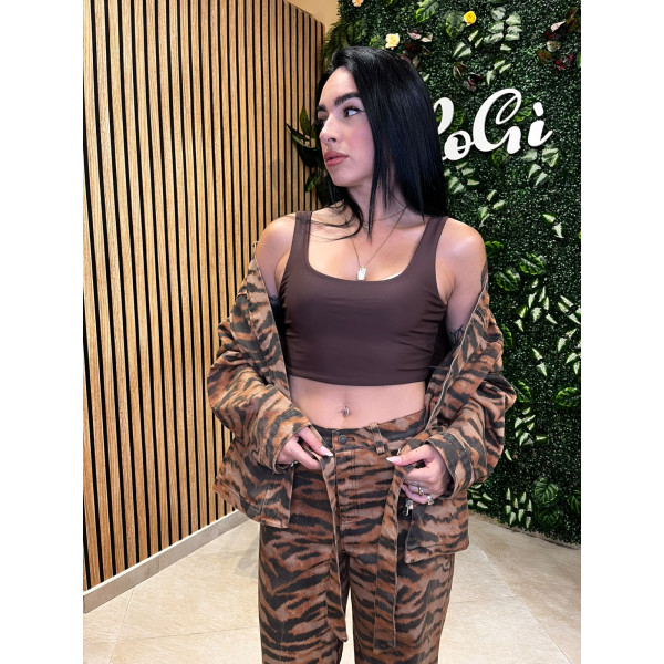 Top Crop Aderente con Scollo Quadrato - Marrone Scuro