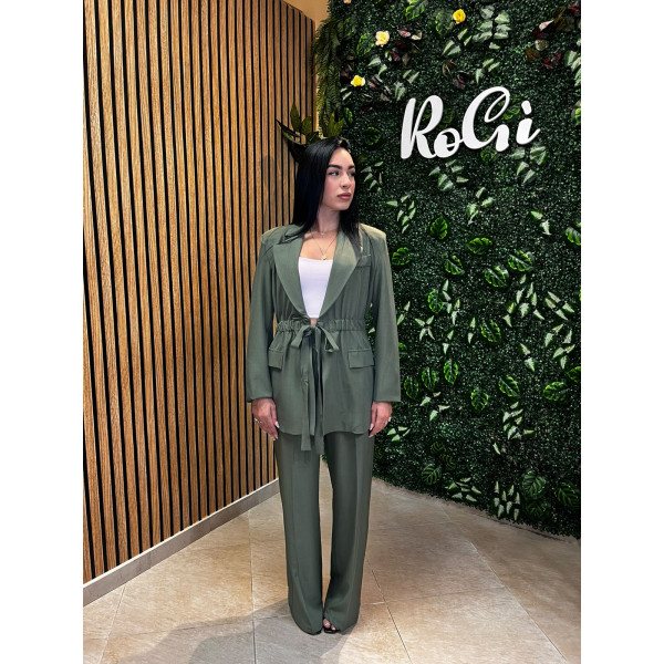 Completo Tailleur con Blazer e Pantaloni Palazzo - Verde Militare / Salvia