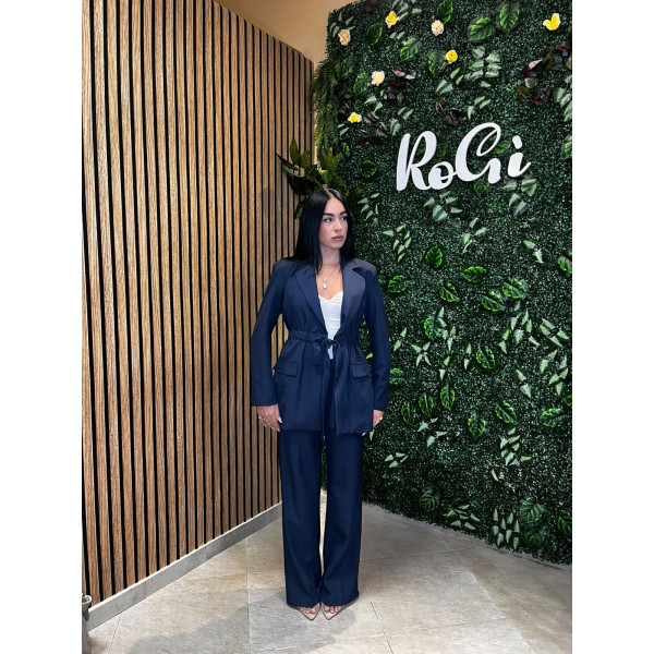 Completo Tailleur con Blazer Cinto e Pantaloni Palazzo - Blu Notte / Blu Scuro