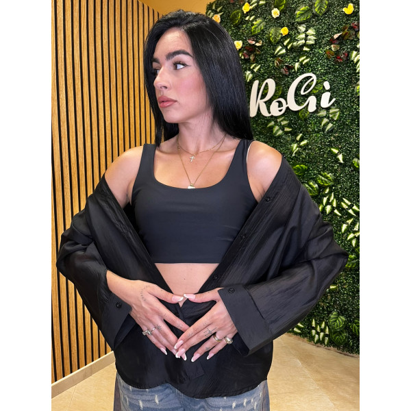 Top Crop Aderente con Scollo Quadrato - Nero