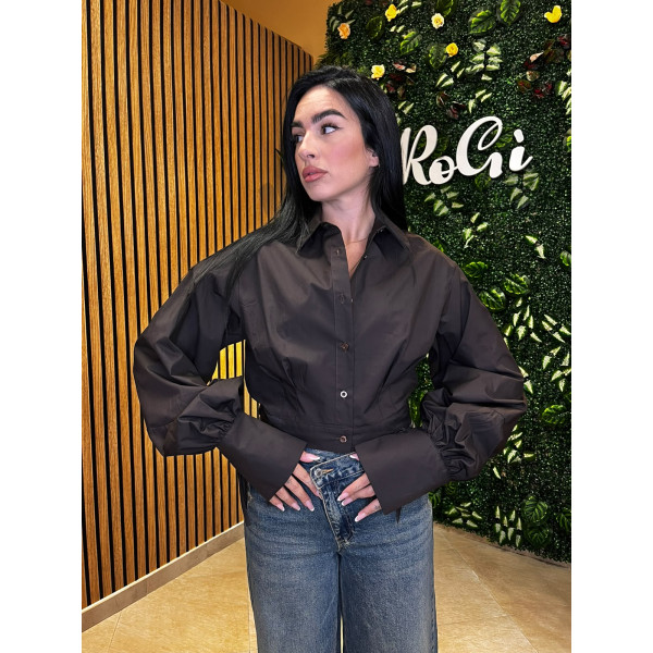 Camicia Crop con Maniche Voluminose e Polsini Alti Just West - Marrone Scuro