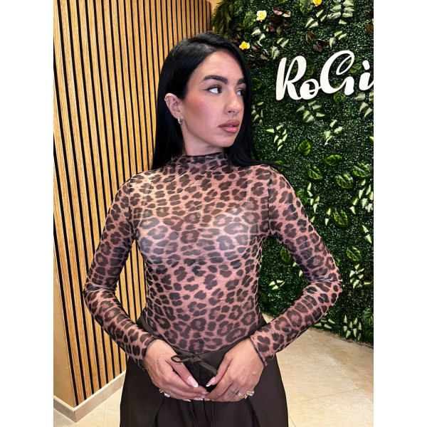 Body Animalier con Collo Alto - Marrone e Nero