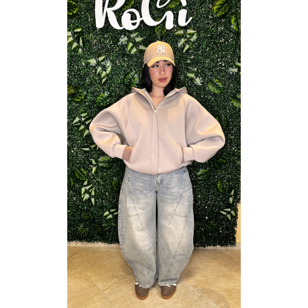 Bomber Over in Neoprene con Cappuccio – Felpa Color Sabbia – Taglia Unica