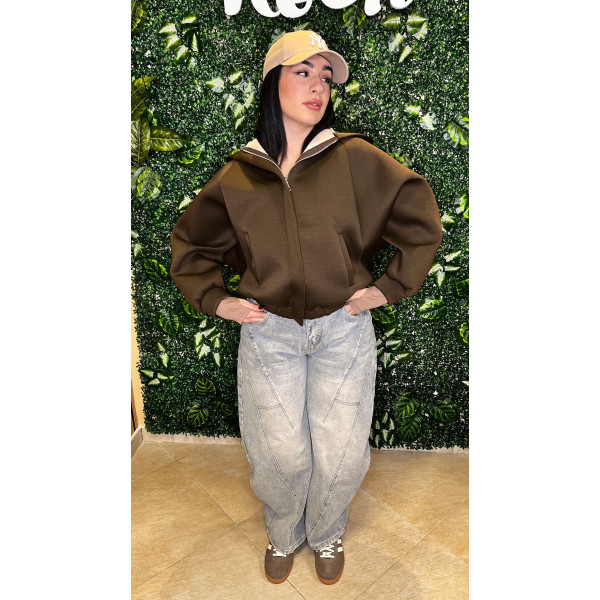 Bomber Over in Neoprene con Cappuccio – Felpa Color Cioccolato – Taglia Unica – Urban Tech Style