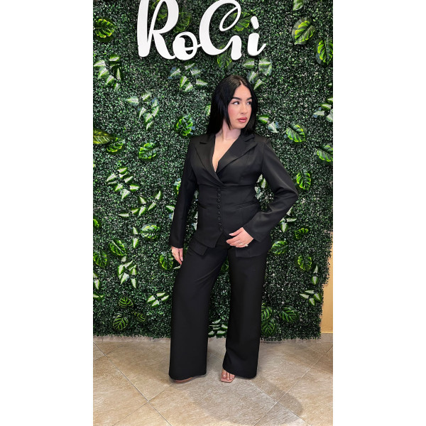 Tailleur Tre Pezzi Nero  - Blazer Corsetto e Pantalone Palazzo