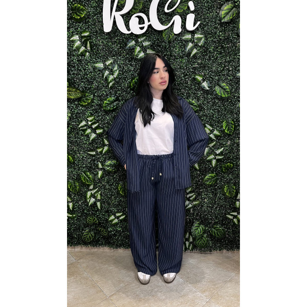 Coordinato Gessato Camicia & Pantalone – Set Oversize Blu Navy (Taglia Unica)