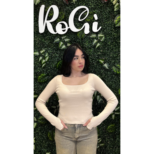 Maglia Slim in Cotone con Scollo Quadrato e Manicotti (Taglia Unica)