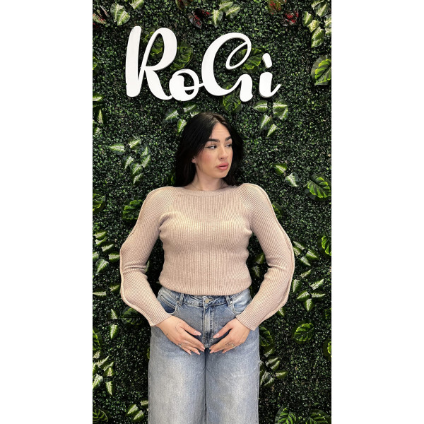Maglia Ribbed Sand   a Coste con Maniche a Lanterna (Taglia Unica)