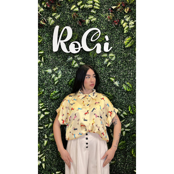Camicia "Funny Dachshund" Yellow  Blusa in Satin con Stampa Bassotti (Taglia Unica)