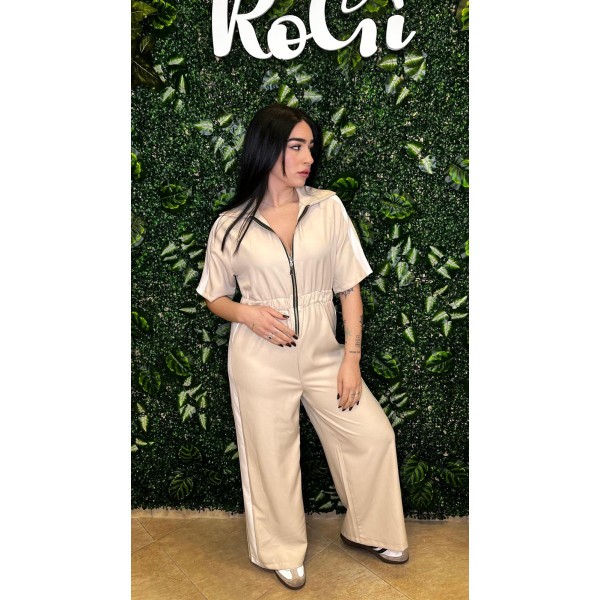 Jumpsuit Sporty-Chic in Beige con Banda Laterale Bianca